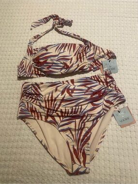 Shade & Shore Leaf-Print Bikini Set in Beige, Rust & Blue